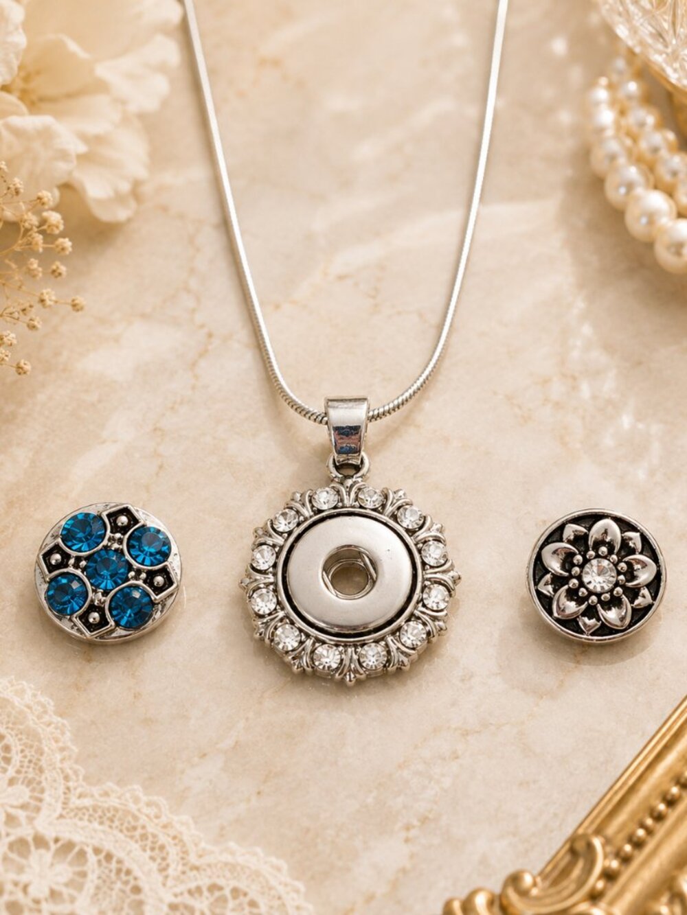 Silver Rhinestone Snap Charm Necklace Blue Crystal & Flower Snaps 925 Chain